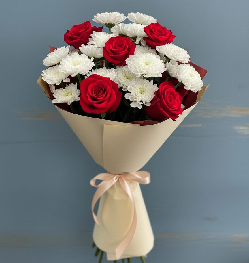 Букет романтическая гармония в Вязниках Букет цветов из: Розы и Хризантемы в Вязниках