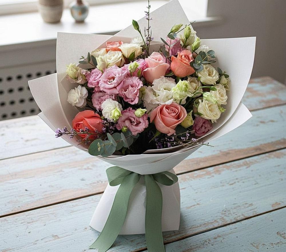 Букет цветов из: Розы, Лизиантусы и Гвоздики в Вязниках