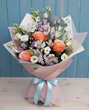 Букет Утренняя свежесть в Вязниках Букет цветов из:  Лизиантусы, Розы, Альстромерии и Гипсофила в Вязниках