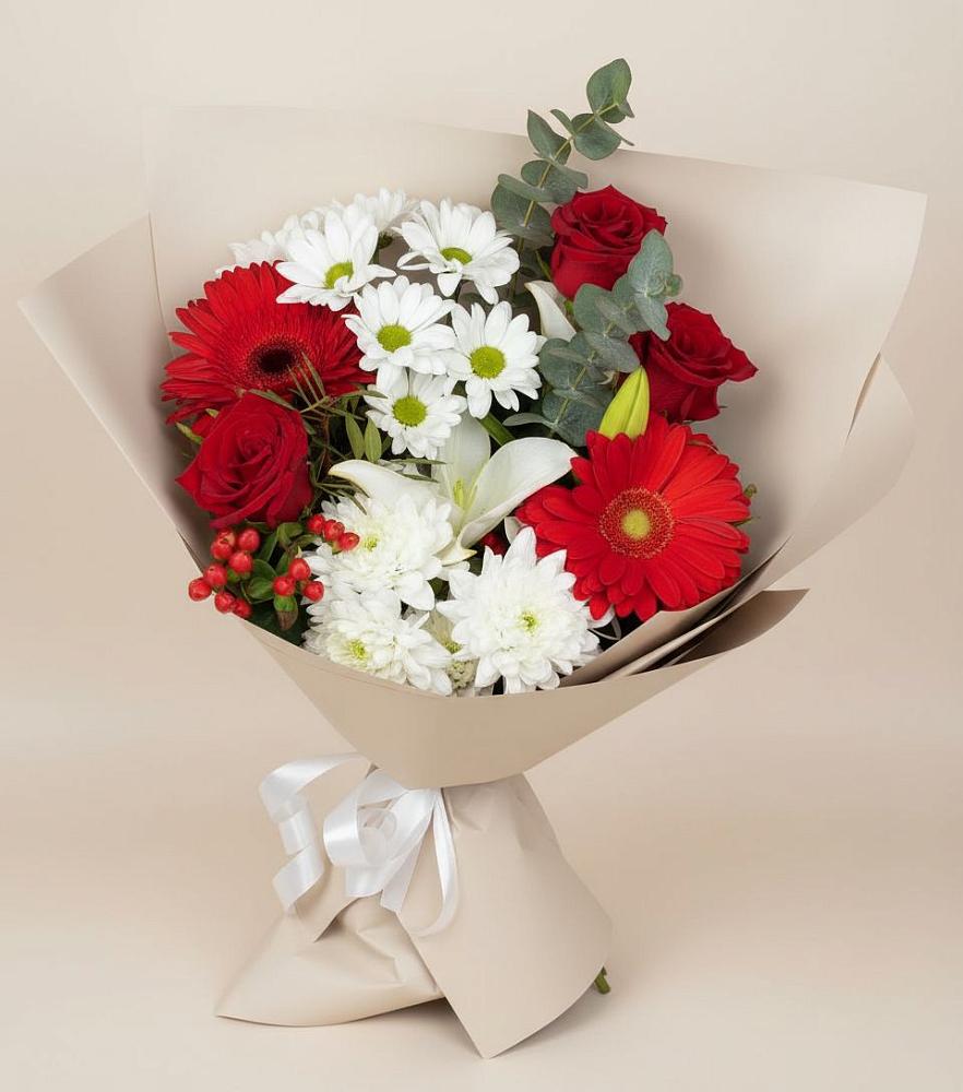 Букет поцелуй лета в Вязниках Букет цветов из: Розы, Хризантемы, Герберы и Лилии в Вязниках