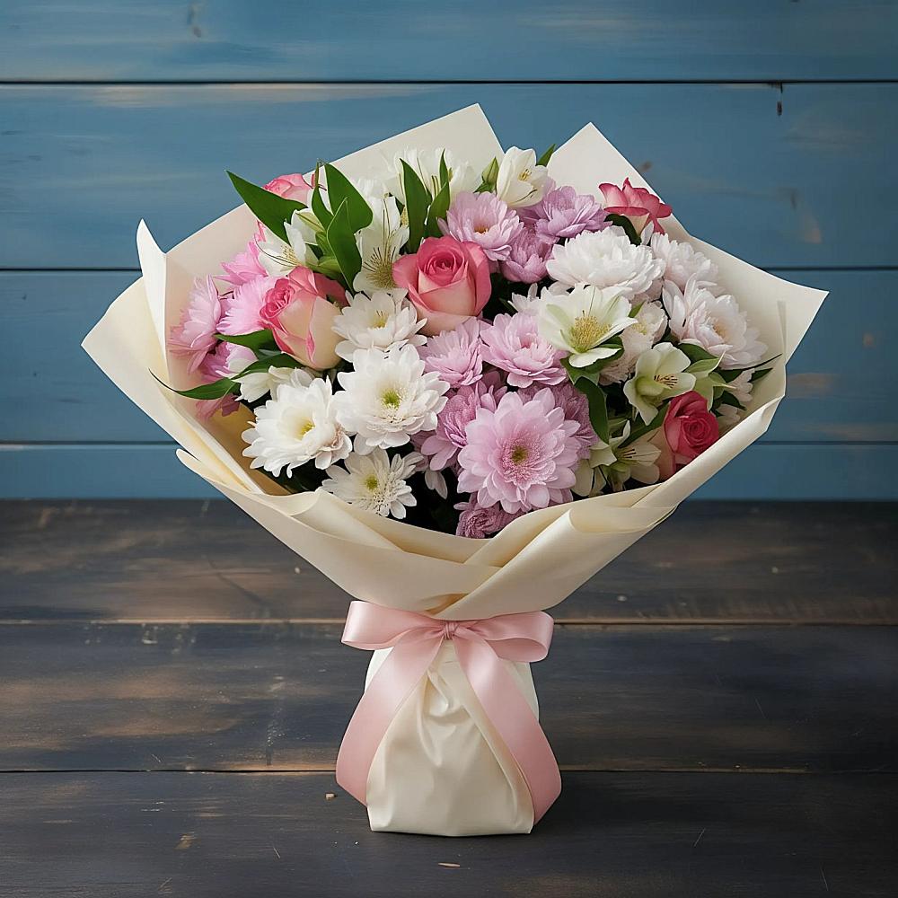 Букет Розовое очарование в Вязниках Букет цветов из: Хризантемы, Альстромерии и Розы в Вязниках